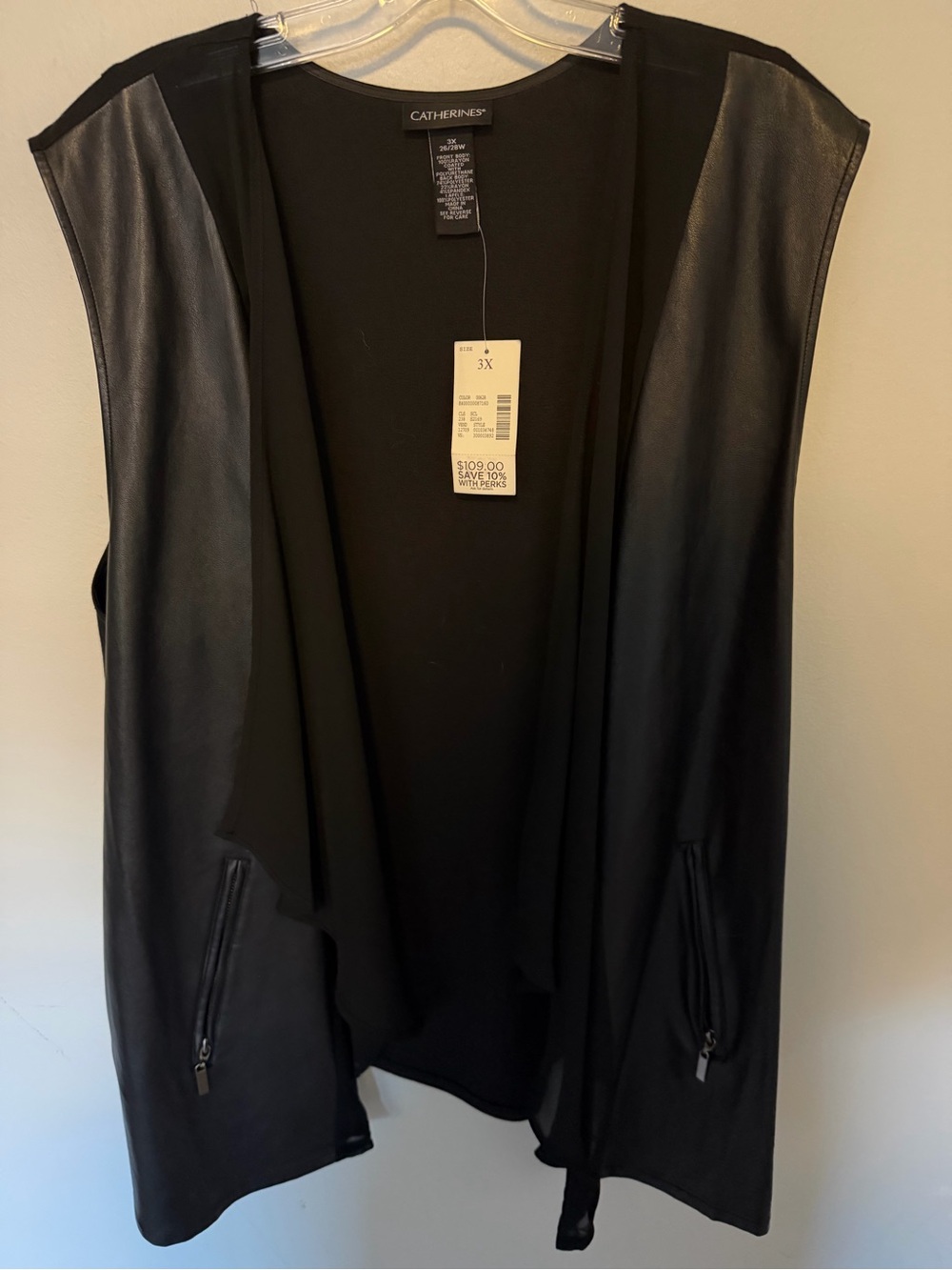 New NWT Catherines Black Faux Leather & Chiffon Open Front Vest